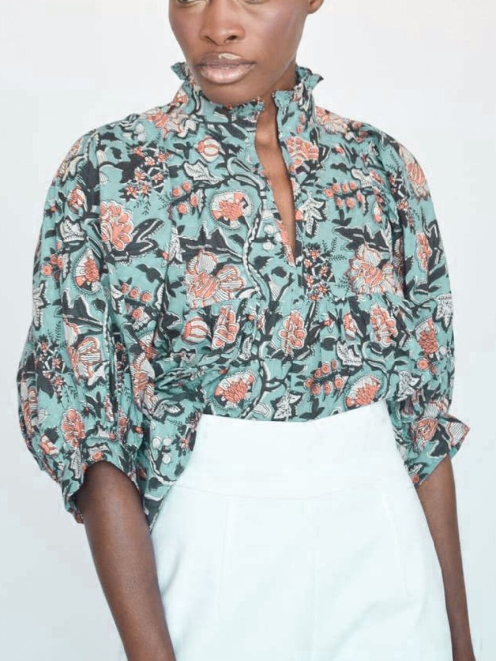 Never A Wallflower High Neck Top Block Print Cotton Puff Sleeve Feminine Girly